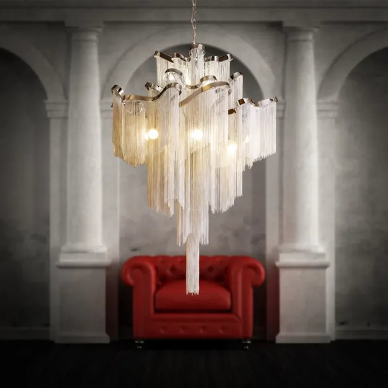 DecorBites™ Fringed Chandelier: Silver & Gold Aluminium Chain Pendant Light for Luxe Home & Hotel Decor