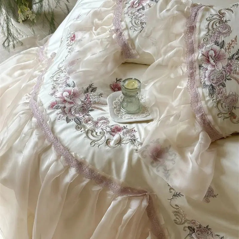 DecorBites™ Elegant Flowers Embroidery Lace Princess Wedding Bedding Set - 1200TC Cotton Duvet Cover