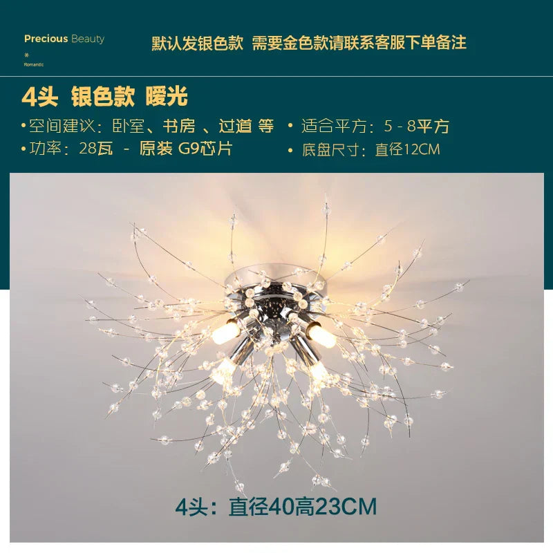 ثريا كريستال جولدن داندلايون من DecorBites™: مصباح سقف نورديك دافئ بتقنية LED لغرفة المعيشة الرومانسية.