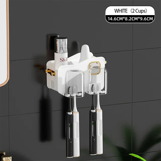 DecorBites™ Support de Brosse à Dents Inversé avec Distributeur de Dentifrice Automatique et Rangement de Maquillage