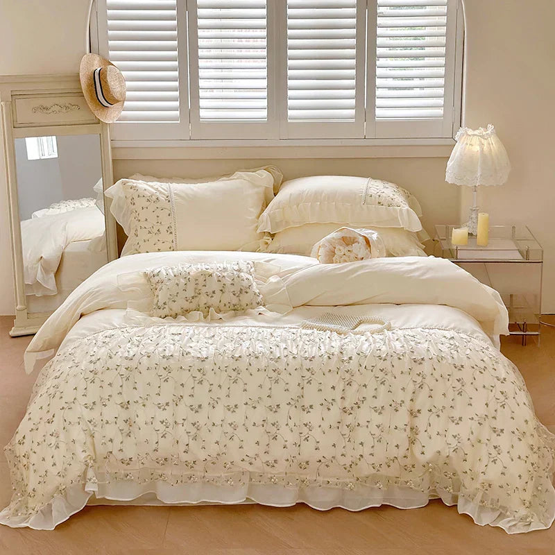 DecorBites™ French Princess Floral Lace Ruffles Bedding Set with Imitation Pearls