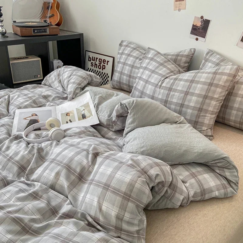 طقم غطاء لحاف بنمط ياباني كاروهات من DecorBites™ - غطاء لحاف ومخدة مغسولان وناعمين