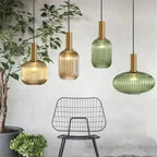 Nordic Ribbed Glass Pendant Light in Green, Grey or Amber