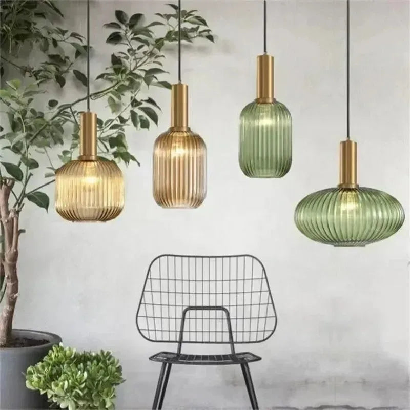 Nordic Ribbed Glass Pendant Light in Green, Grey or Amber
