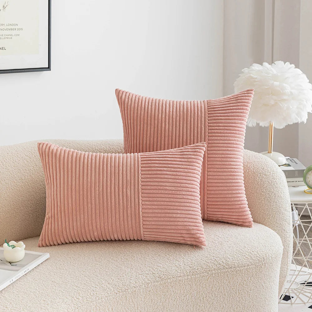 DecorBites™ Corduroy Striped Patchwork Throw Pillow Covers Set, Farmhouse Style Yellow Classic Pillowcases