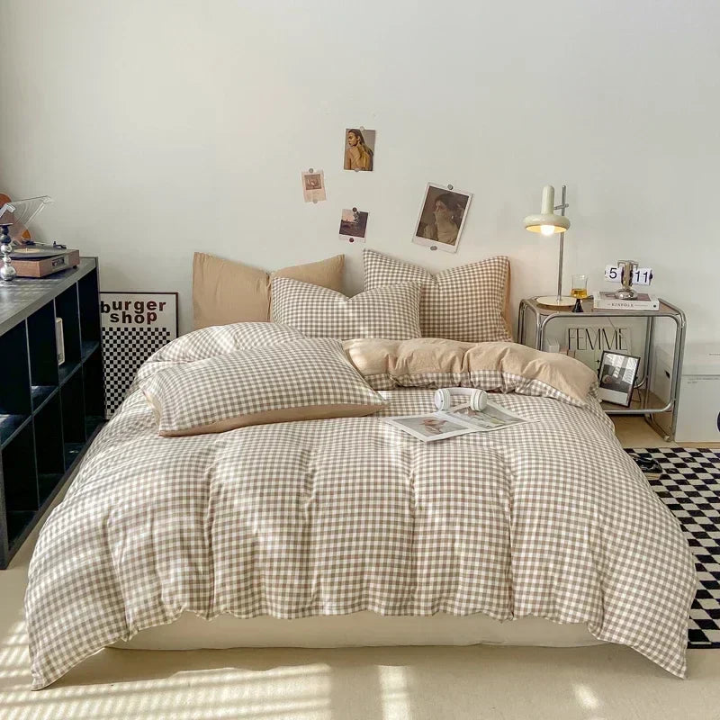 طقم غطاء لحاف بنمط ياباني كاروهات من DecorBites™ - غطاء لحاف ومخدة مغسولان وناعمين