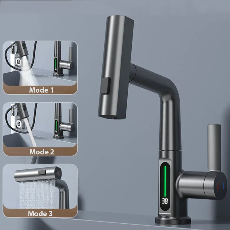 DecorBites™ Digital Display Waterfall Basin Faucet with Temperature Control and Lift Sprayer