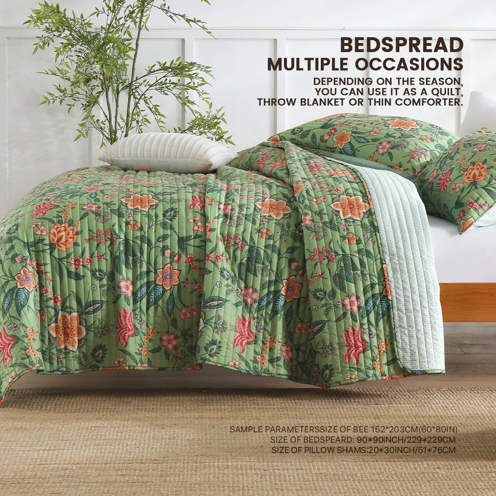 طقم لحاف DecorBites™ الأخضر بنقوش زهور من 3 قطع، لحاف كبير مع أغطية وسائد