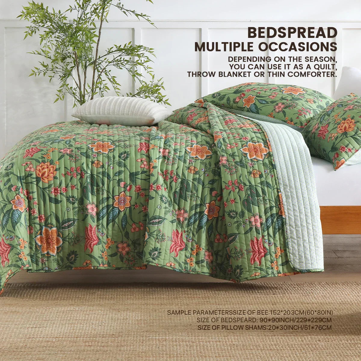طقم لحاف DecorBites™ الأخضر بنقوش زهور من 3 قطع، لحاف كبير مع أغطية وسائد