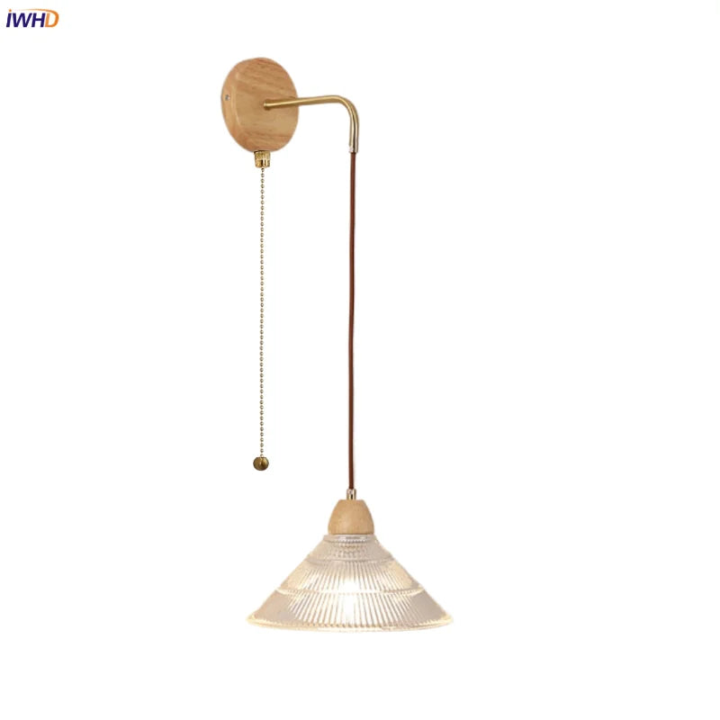 DecorBites™ Clear Glass LED Wall Lights with Wood Pull Chain Switch, Modern Art Bedside Lamp