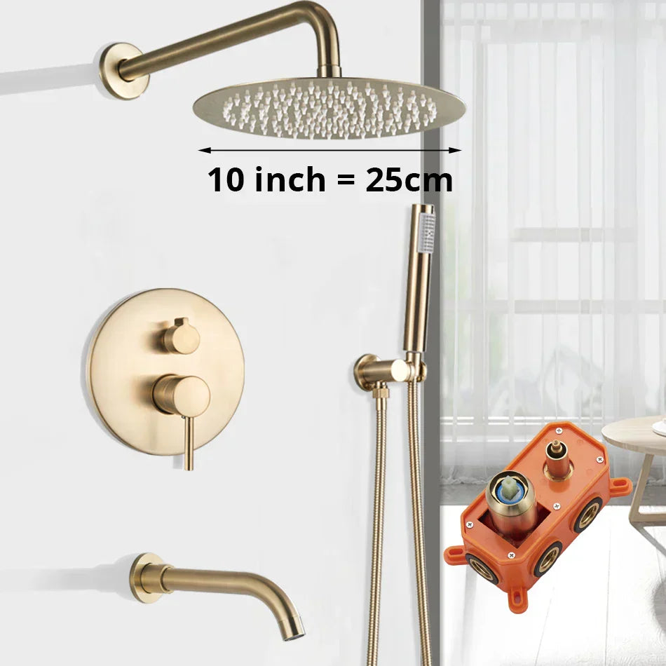 DecorBites™ Gold Shower Faucet with Rainfall Head and Hand Sprayer - Wall Mount Mixer Set