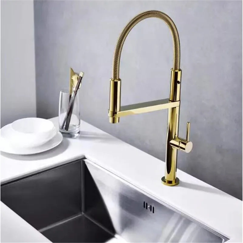 DecorBites™ صنبور مطبخ نحاسي ذهبي مع صنبور خلاط رشاش قابل للطي بسحاب سفلي