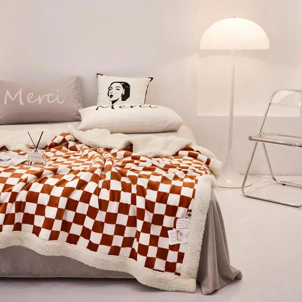 2024 DecorBites™ Checkerboard Lamb Fleece Blanket Cover - Premium Printed Blanket Series