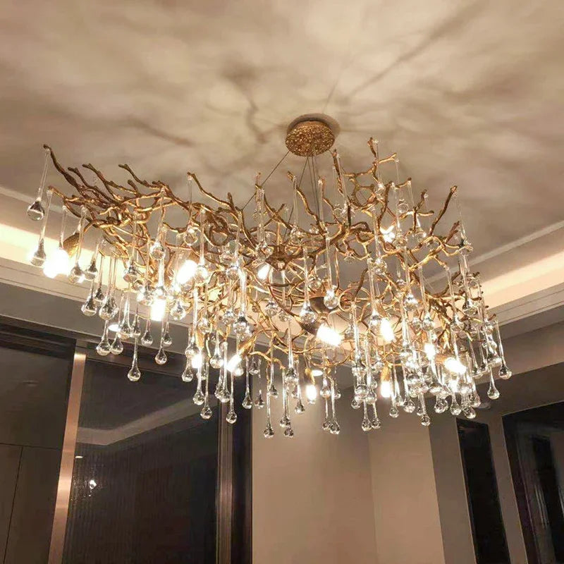 فانوس السقف LED من DecorBites™ على شكل فرع كريستالي، مصباح تعليق نحاسي فاخر