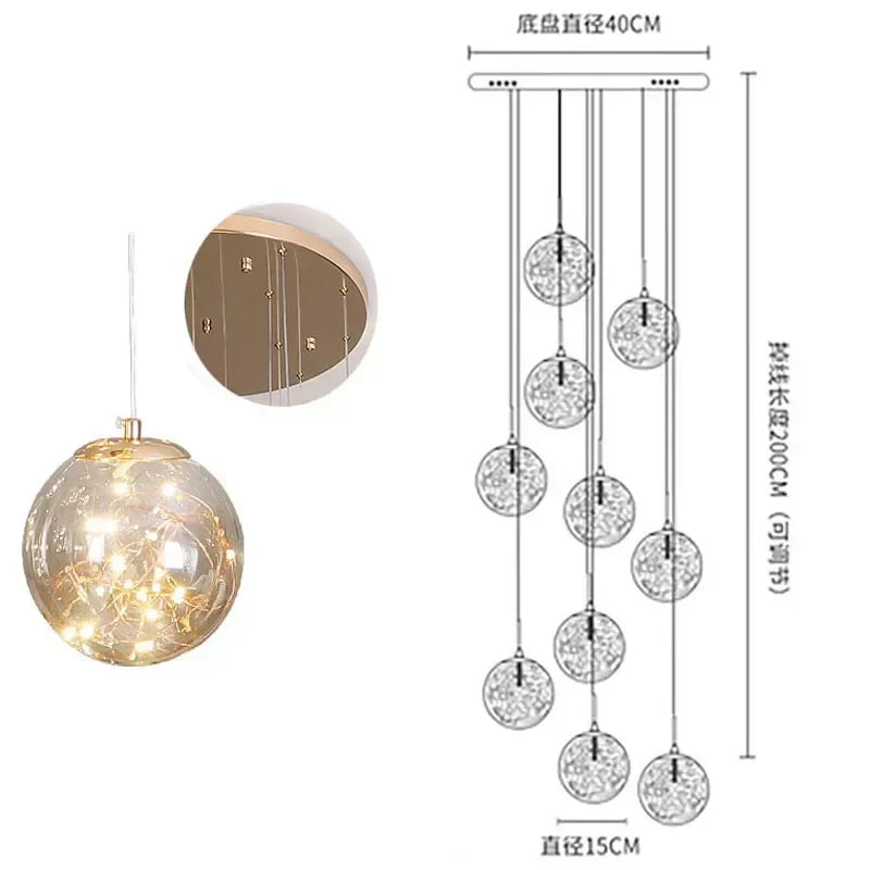 ثريا زجاجية ذهبية بإضاءة LED من DecorBites™: تجهيزات إضاءة للدرج بتصميم كروي دائري بسيط
