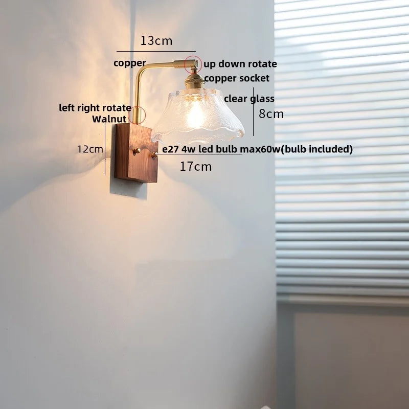 DecorBites™ Clear Glass LED Wall Light Walnut Bedside Lamp Modern Rotatable Brass Wall Lights
