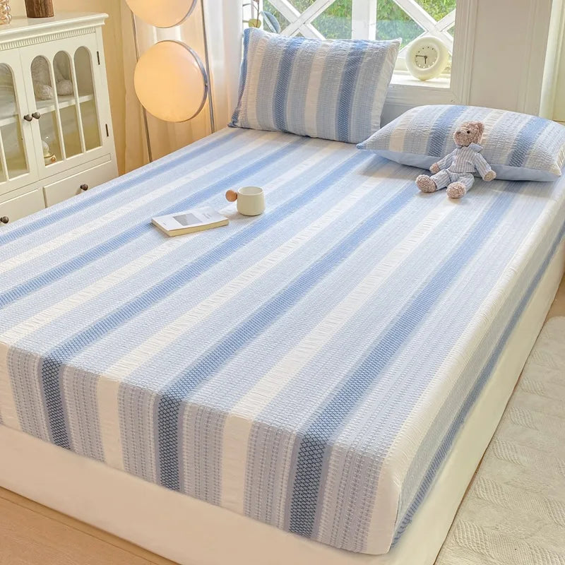 DecorBites™ Cotton Jacquard Fitted Sheet Set with 2 Pillowcases, Dustproof & Anti-Slip