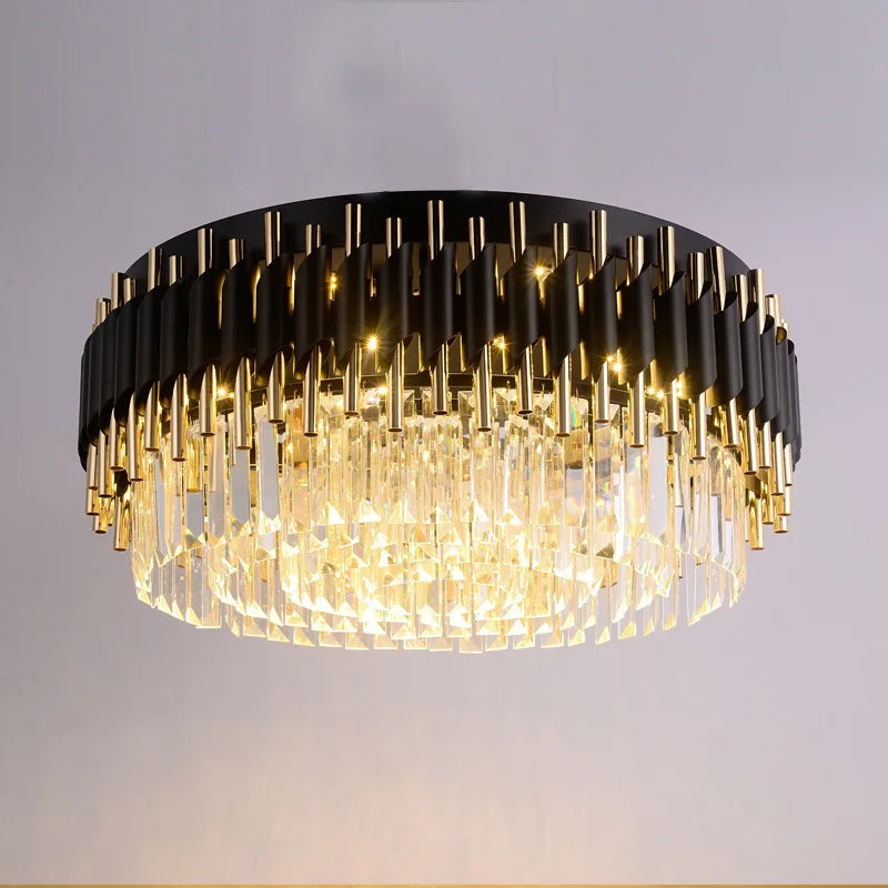 ثريا سقف كريستال ذهبية وسوداء DecorBites™ - مصباح قلادة LED دائري لإضاءة غرفة المعيشة