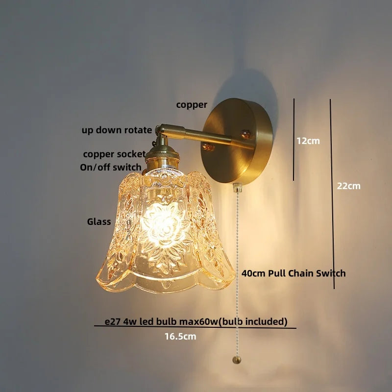 DecorBites™ Amber Flower Glass Wall Light Fixture with Pull Chain Switch