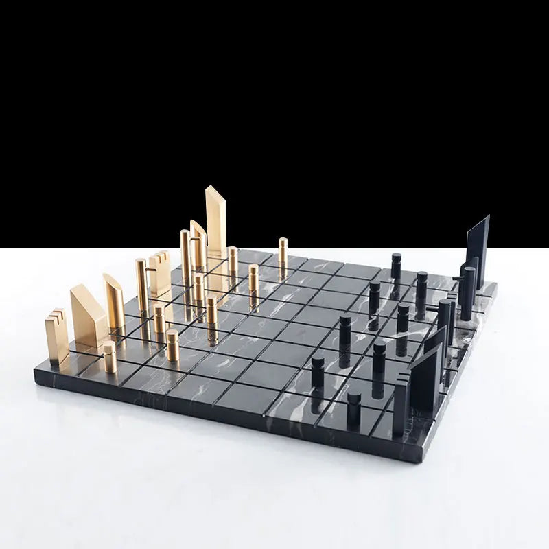 DecorBites™ Golden Metal Marble Chessboard: Geometric Square Check King Game Decor Figurines