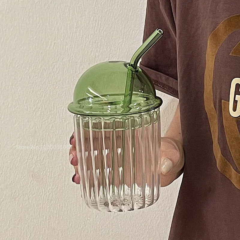 DecorBites™ 450ml Striped Glass Cup with Lid and Straw, Ideal for Coffee, Juice, Milk, or Tea
