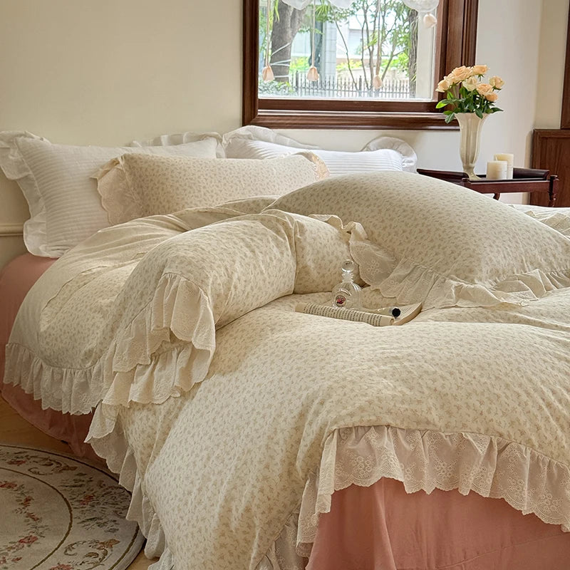DecorBites™ Elegant Floral Lace Ruffles Bedding Set with Double Yarn - Soft Cotton Blend