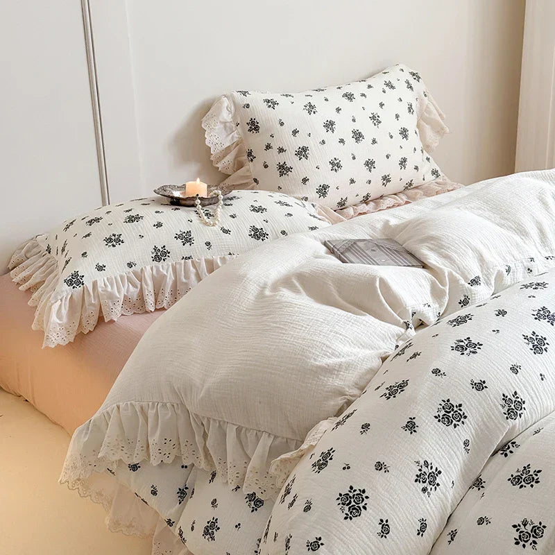 DecorBites™ French Lace Ruffles Floral 100% Cotton Bedding Set with Duvet Cover, Sheet, Pillowcases