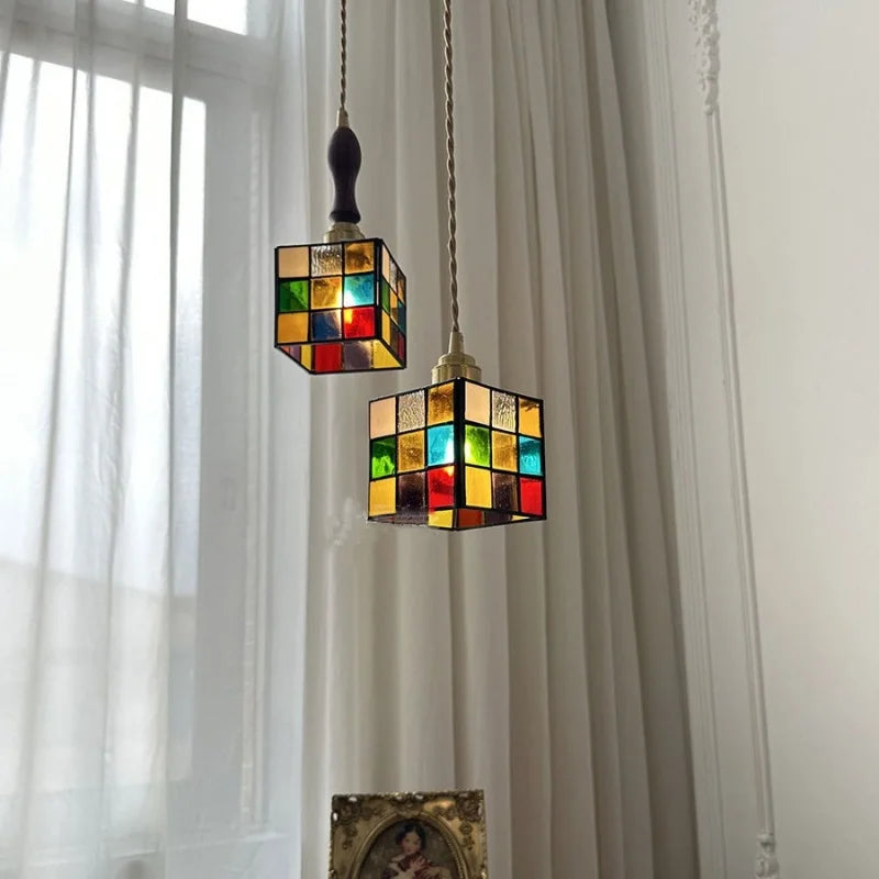 DecorBites™ Cube LED Pendant Lamp Walnut Wood Glass Hanging Lights for Restaurant and Bedroom