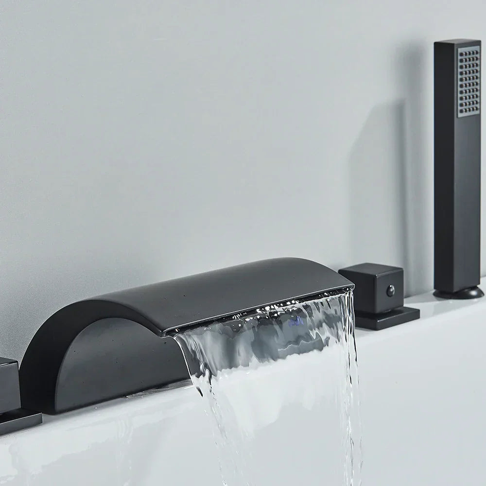 DecorBites™ Black Brass Waterfall Tub Faucet Three Handles Hot Cold Mixer