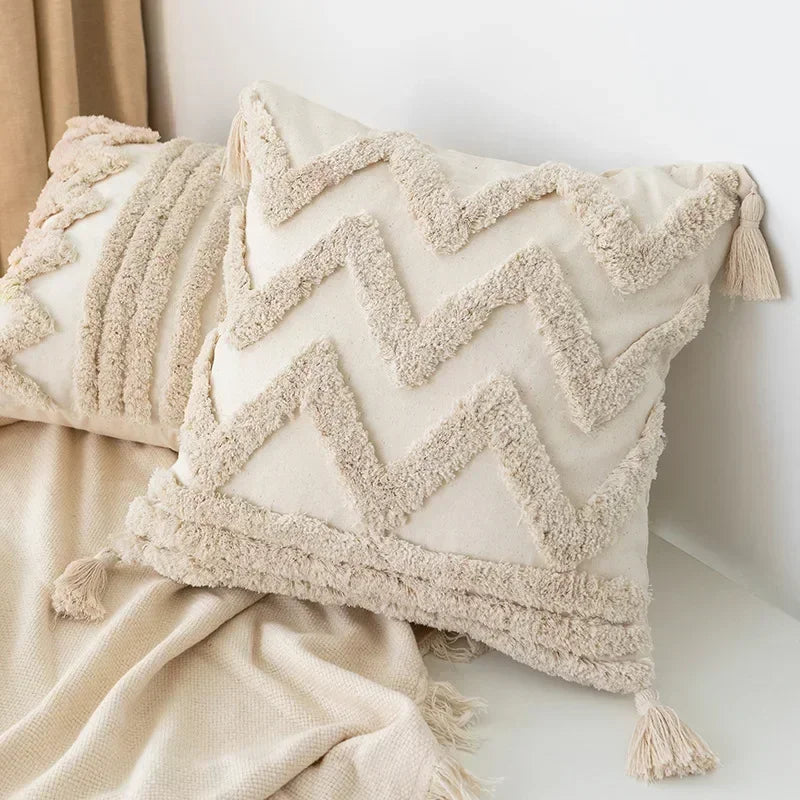 DecorBites™ Geometric Tufted Tassel Pillow Cover - Handcrafted Boho Chic Cushion Cover