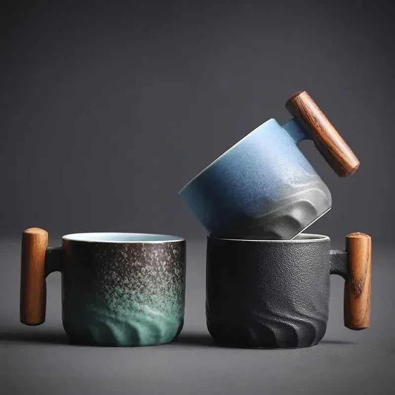 DecorBites™ Gradient Glaze Ceramic Coffee Cup with Wooden Handle for Home and Office