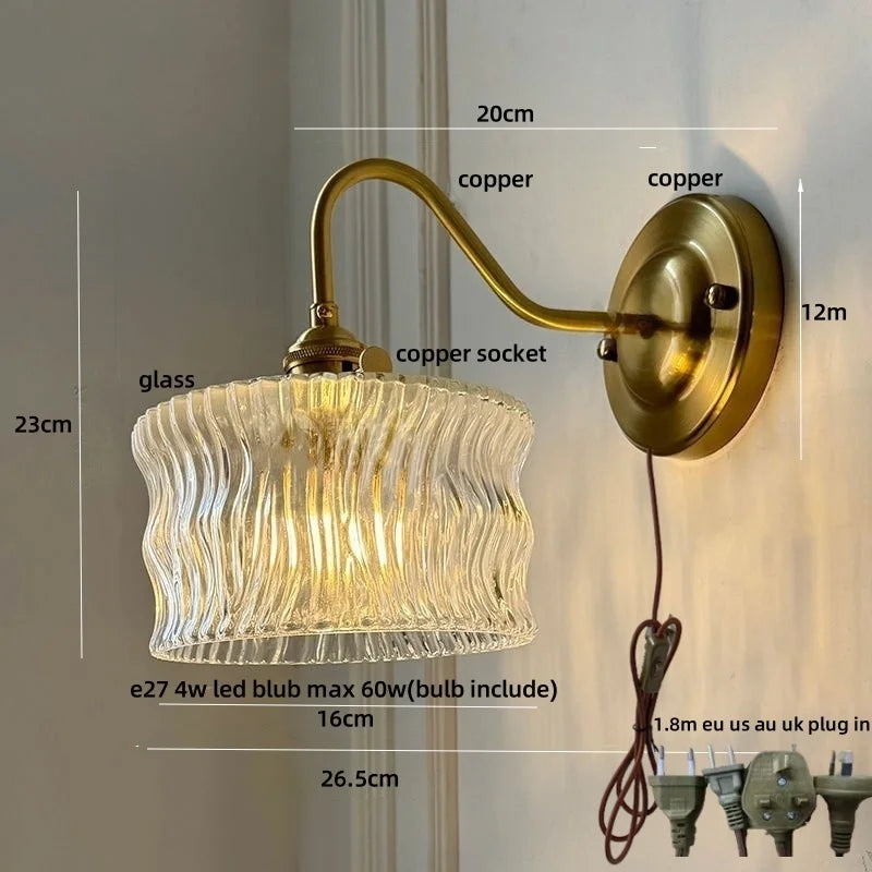 DecorBites™ Green Glass LED Wall Light with Copper Knob Switch for Modern Home Décor