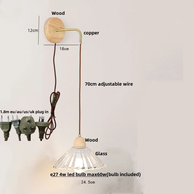 DecorBites™ Clear Glass LED Wall Lights with Wood Pull Chain Switch, Modern Art Bedside Lamp