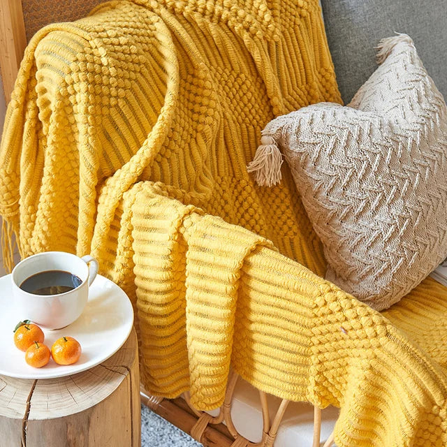 DecorBites™ 3D Knitted Tassel Blanket: Stylish Home Decor Throw for Sofa & Bed