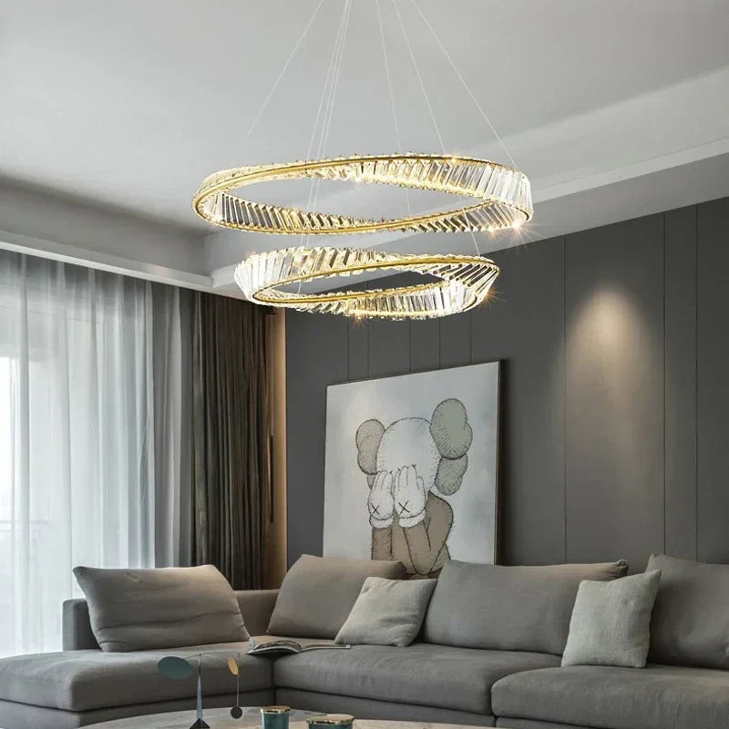 ثريا قلادة كريستال ذهبية بتقنية LED من DecorBites™ لإنارة غرف المعيشة والطعام الفاخرة والديكور