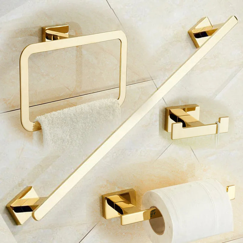 DecorBites™ طقم إكسسوارات حمام من النحاس الذهبي 4 قطع: علاقة مناشف، حلقة مناشف، حامل ورق تواليت، علاقة رداء