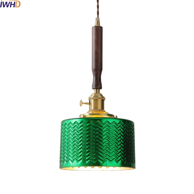 مصابيح قلادة LED زجاجية خضراء DecorBites™، وحدات إضاءة متدلية عصرية من النحاس والجوز