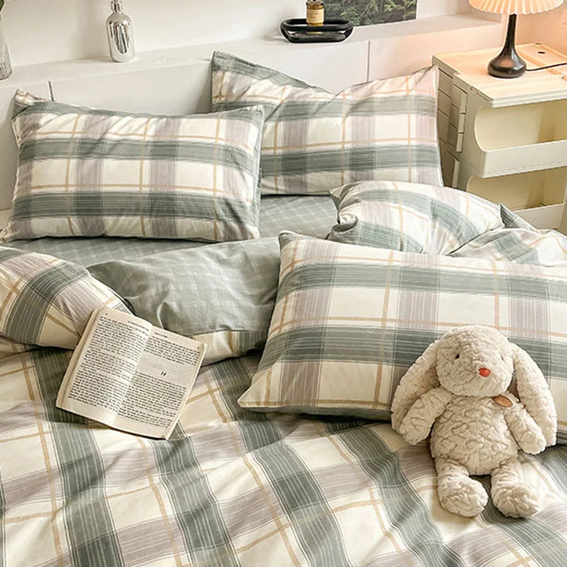 DecorBites™ Grid Print Cotton Bedding Set for Single Double Beds