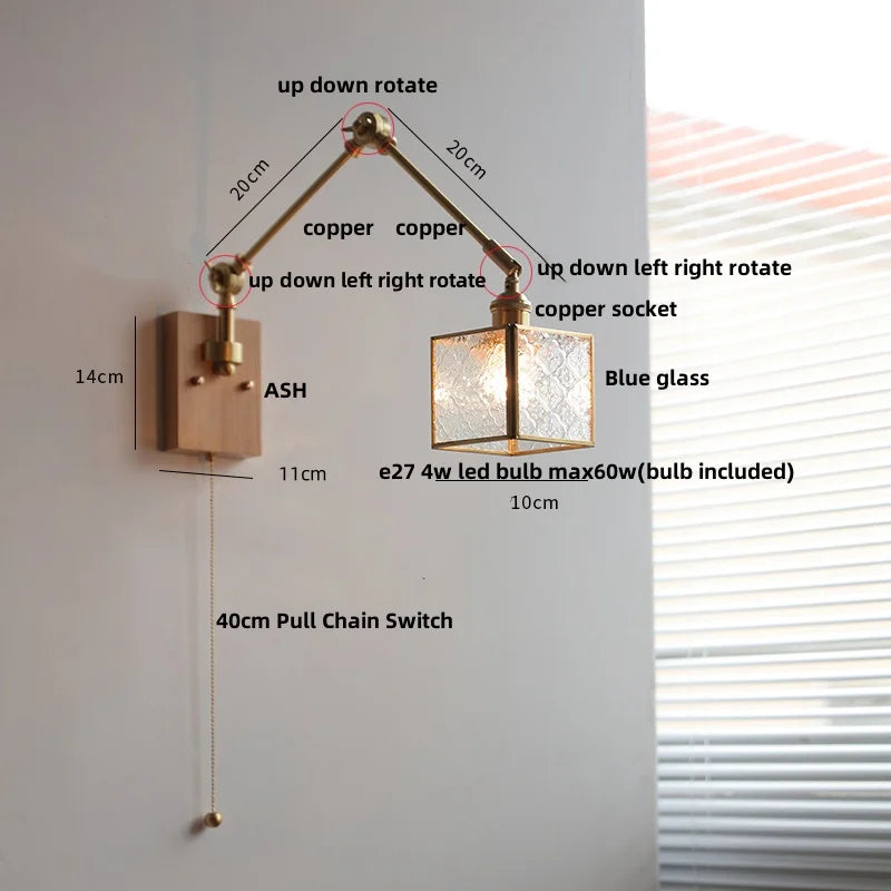 DecorBites™ Ash Wood LED Wall Lights Swing Arms Blue Glass Bedside Lamp