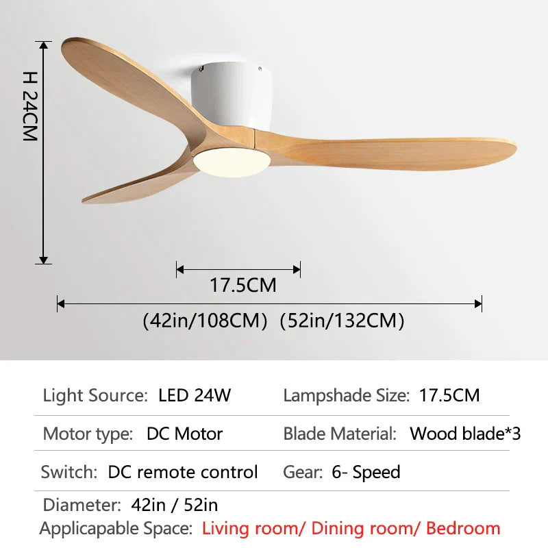 DecorBites™ 52" Low Floor Fan Lights Wood Blade Remote Control Ceiling Fan Strong Winds