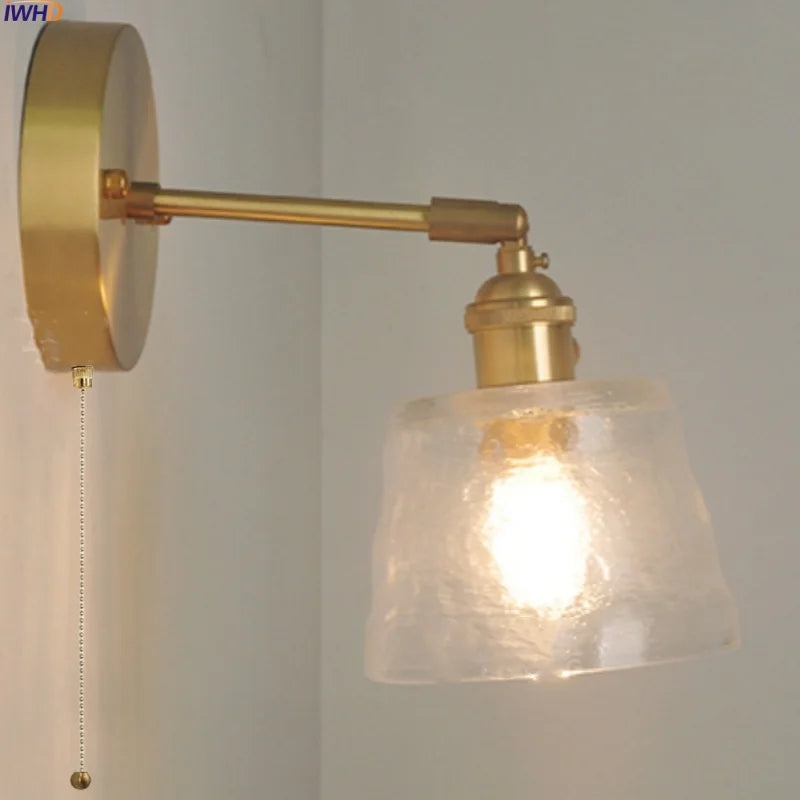 DecorBites™ Clear Glass LED Wall Lights Brass E27 Pull Chain Switch Bedside Lamp