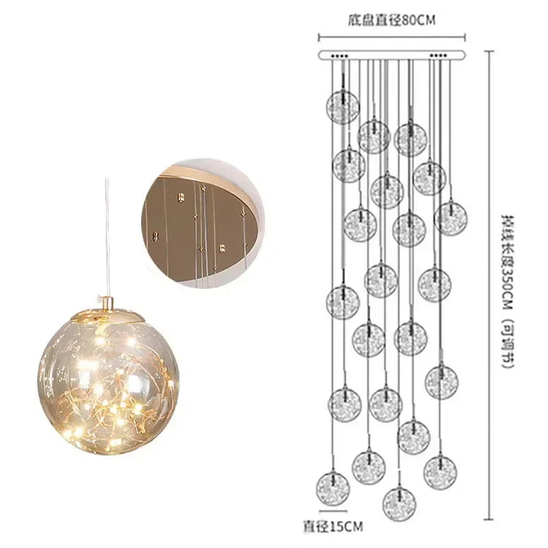 ثريا زجاجية ذهبية بإضاءة LED من DecorBites™: تجهيزات إضاءة للدرج بتصميم كروي دائري بسيط
