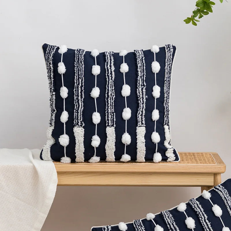 DecorBites™ Geometric Embroidered Cushion Cover with Tufted Tassels for Sofa and Bedroom