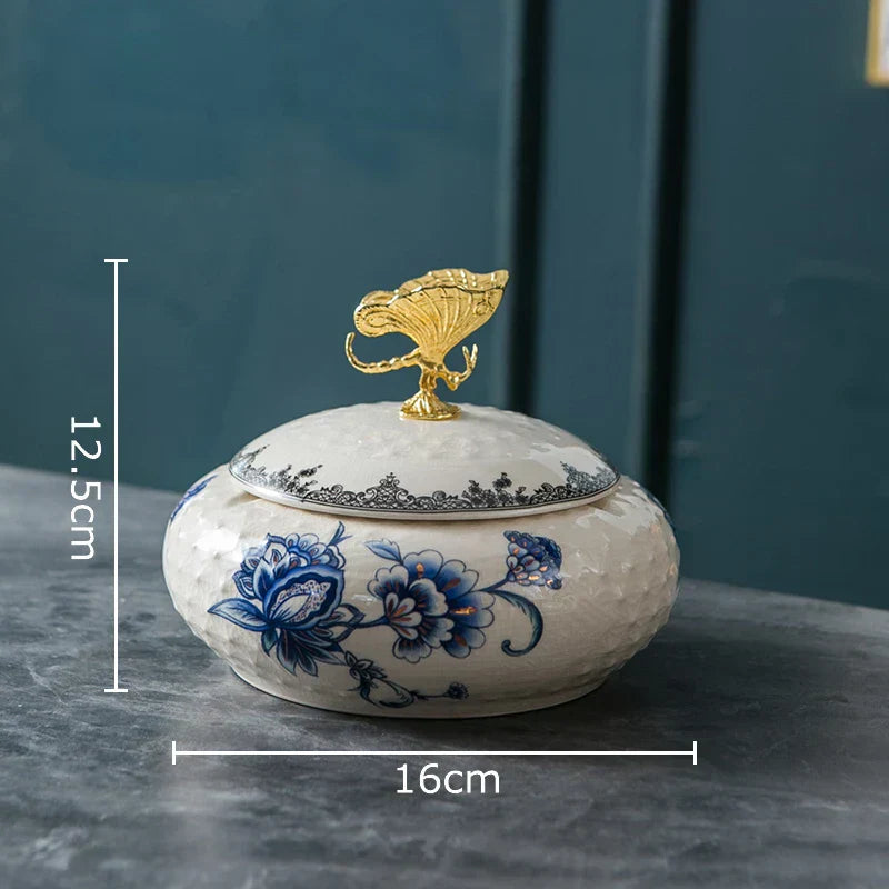 DecorBites™ Dragonfly Lid Ceramic Jewelry Box - Round Floral Pattern Storage Jar