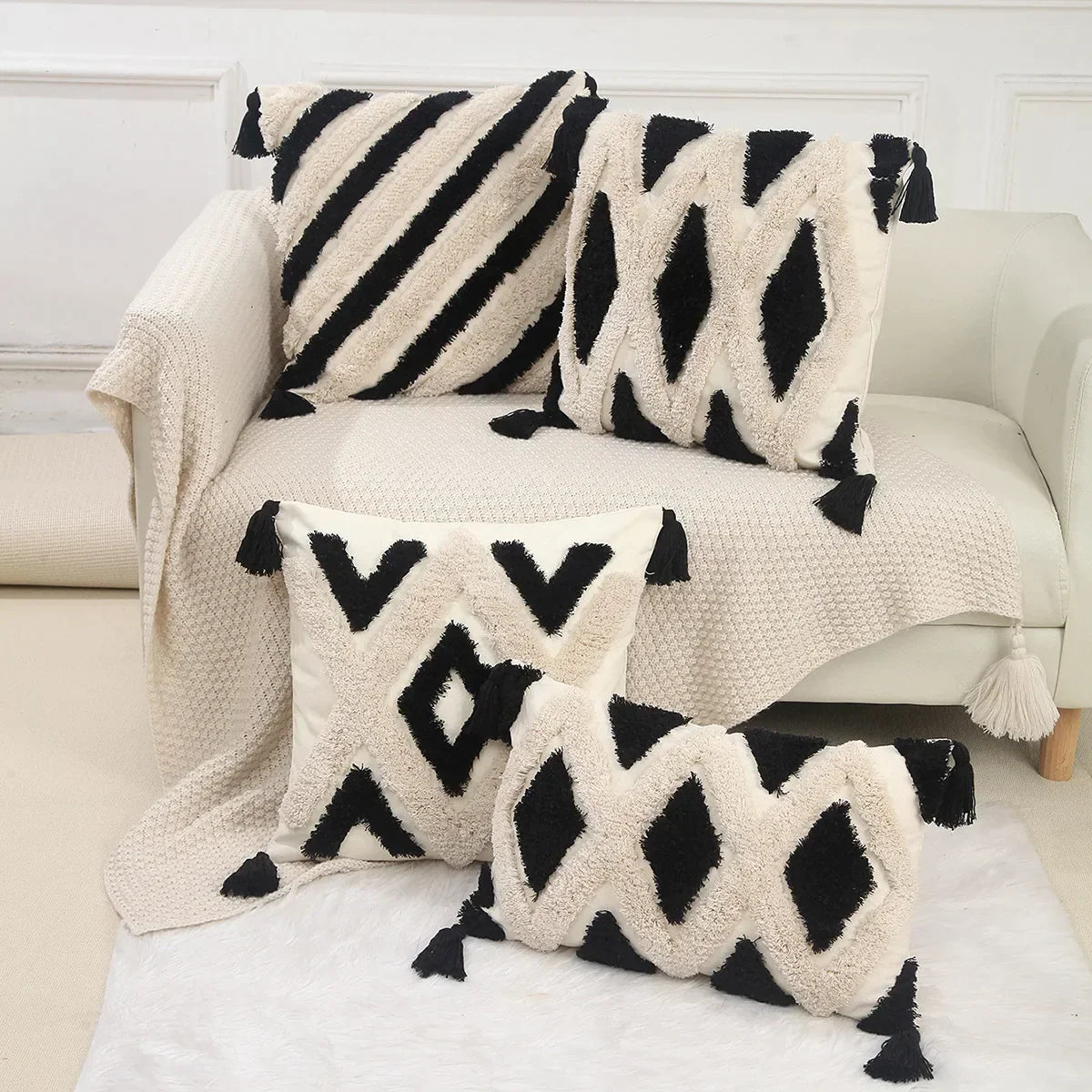 DecorBites™ Geometric Chenille Embroidered Pillow Covers Boho Moroccan Style Decor