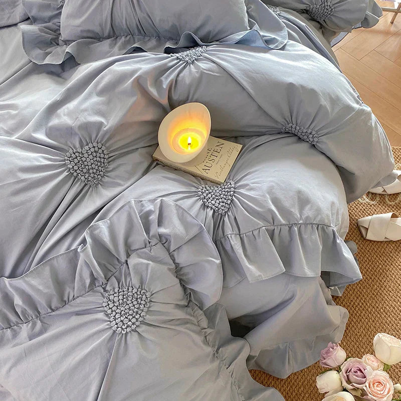 طقم مفروشات سرير من القطن الخالص بتصميم أميرة كورية من DecorBites™ مع كشكشة وكسرات قلب