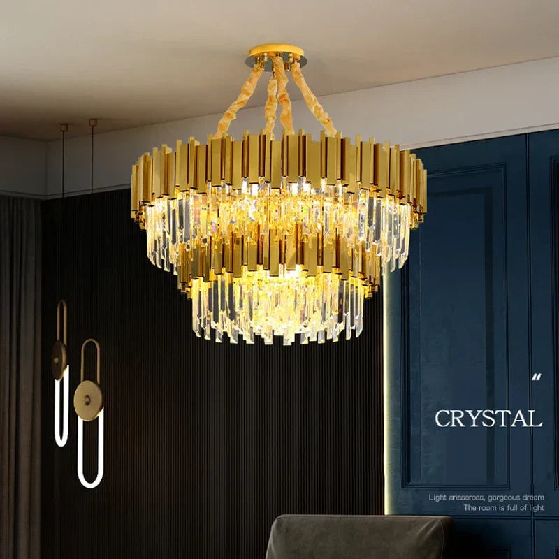 نجفة كريستال ذهبية من الستانلس ستيل من DecorBites™: إضاءة LED دائرية عصرية لغرفة الطعام