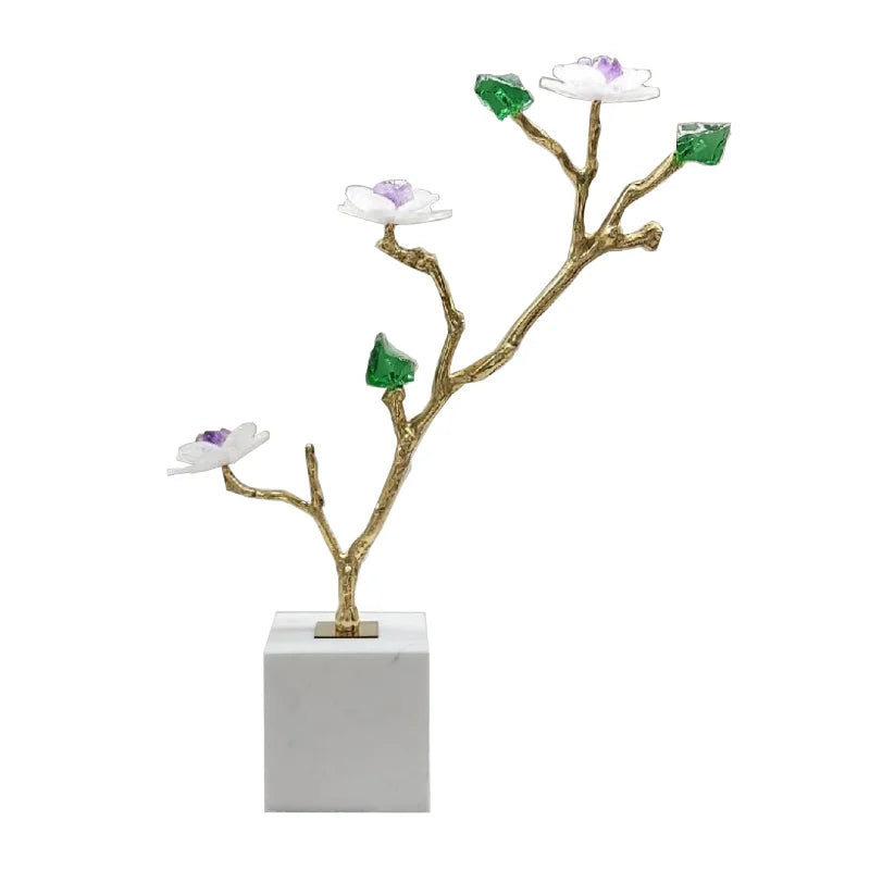DecorBites™ Crystal Flower Tree Sculpture: Golden Branches Metal Figurine for Home Decor