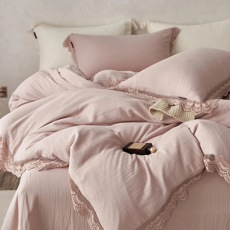 طقم شراشف سرير من القطن بحواف دانتيل من DecorBites™ لبشرة ناعمة مع لحاف وملاءات وأغطية وسائد