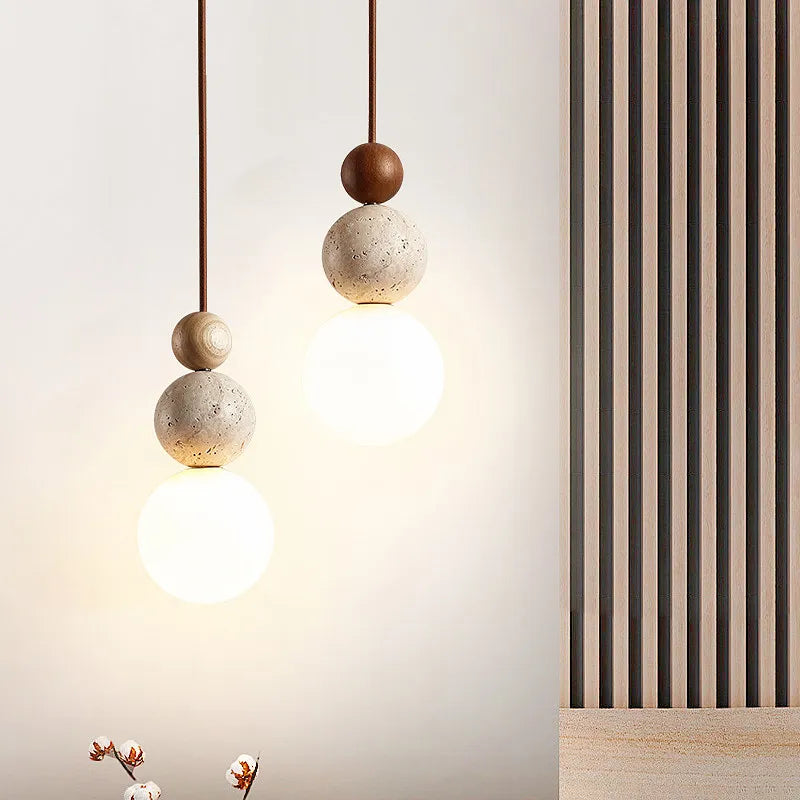 Cream Yellow Travertine And Wood Pendant Light
